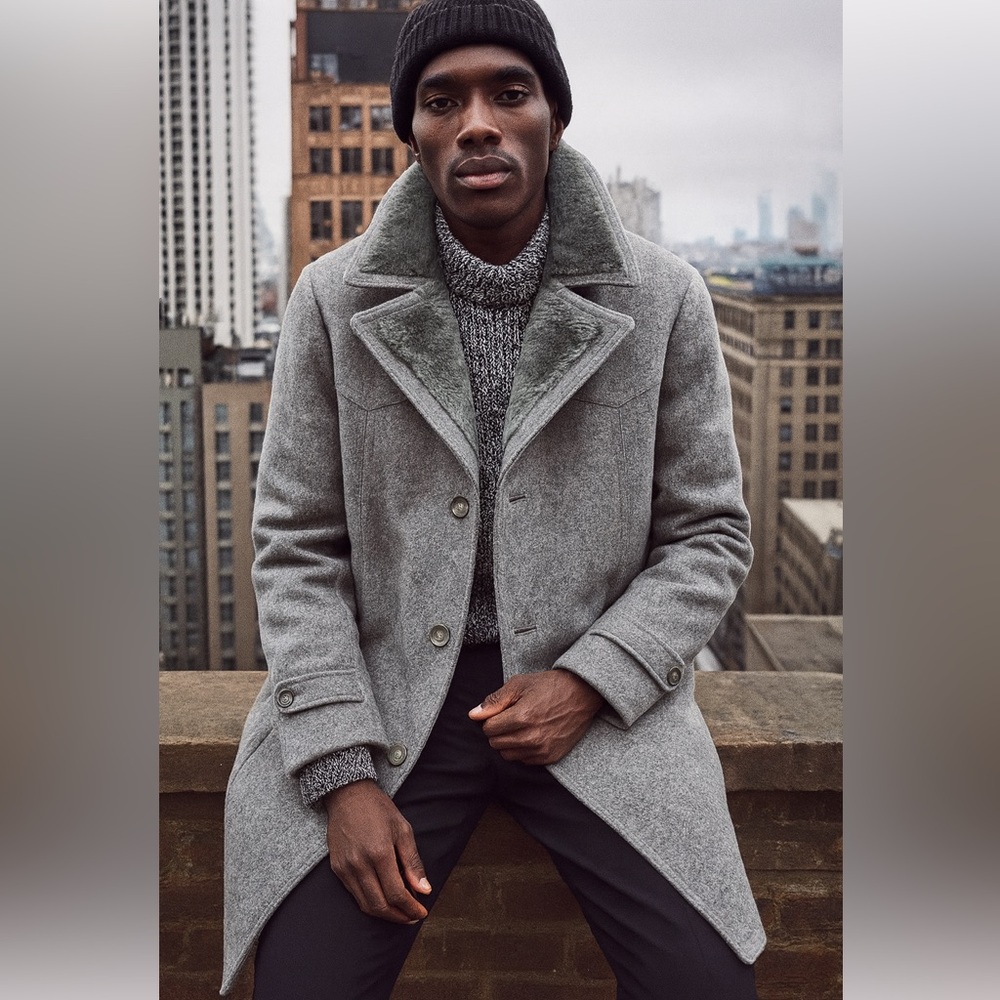 W.H. Leishman Wool Coat Men’s Grey Vintage Faux-Shearling Collar Jacket pea coat